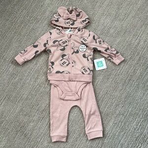 Disney Baby Minnie Mouse 3 Piece Set - Zip Hoodie, Onesie and Pants. 6-9 M. NWT